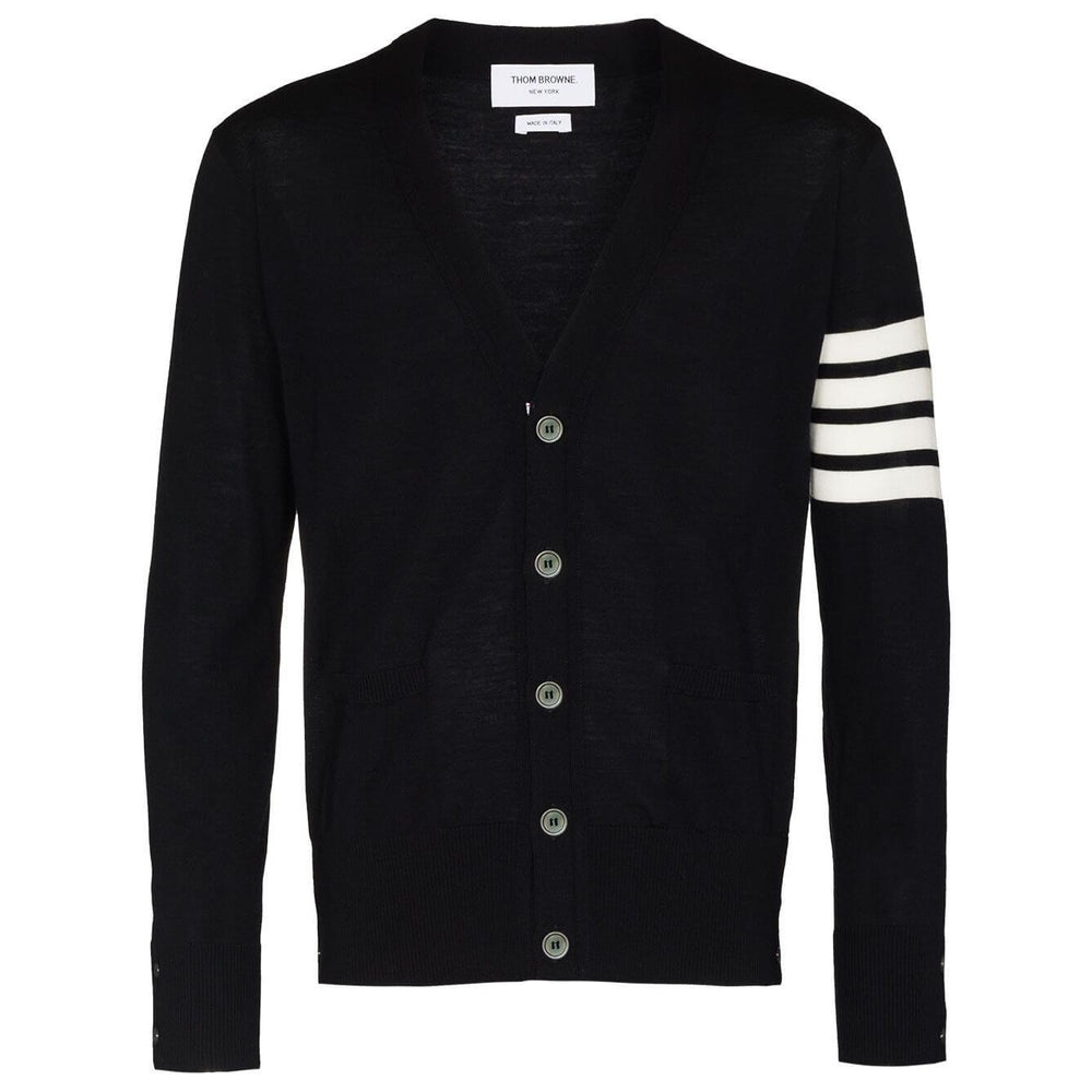 Thom Browne Sweaters Blue navy wool cardigan with button fastening and 4-Bar stripe