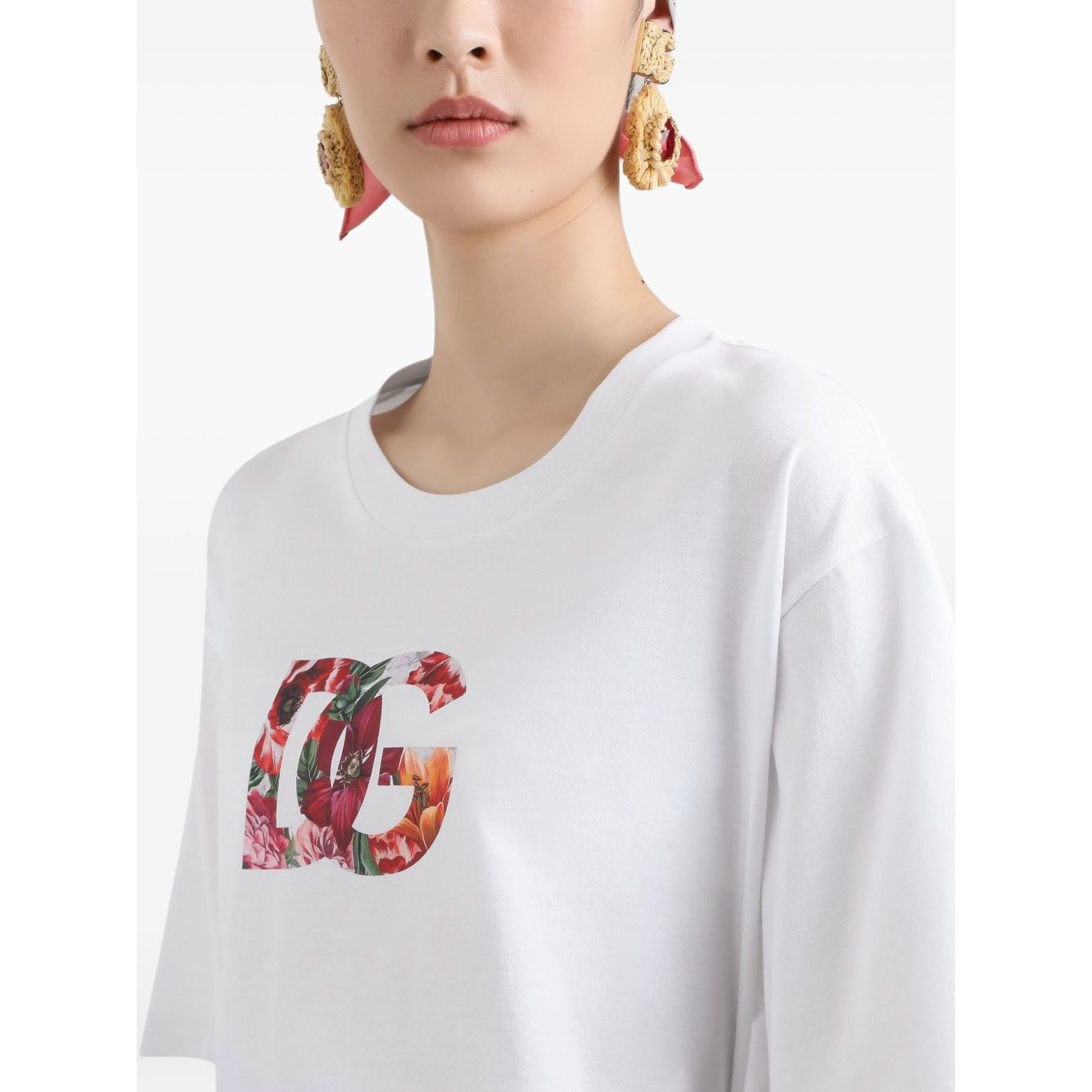 Dolce & Gabbana Logo cotton t-shirt with floral logo design on white short-sleeve tee