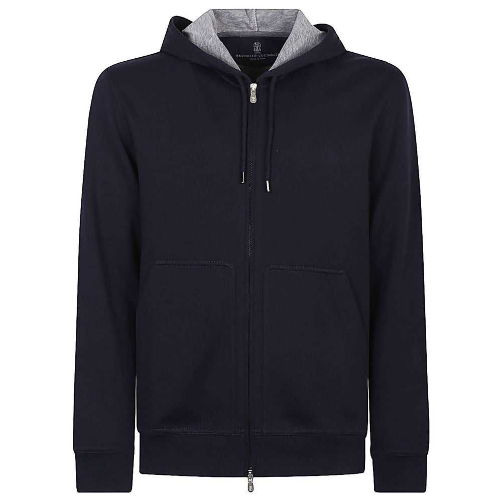 Brunello Cucinelli Sweaters Blue with cobalt blue cotton blend, jersey texture, and drawstring hood, featuring two-way zip fastening.