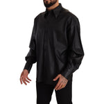 Dolce & Gabbana Black Leather Button Down Men Collared Jacket