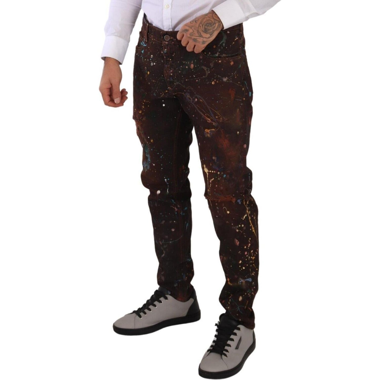 Dolce & Gabbana Brown Splash Color Cotton Regular Denim Jeans 1728,67345645728,Brown,Clothing,Dolce & Gabbana,IT52 | XL,Jeans & Pants - Men - Clothing,Jeans Denim - Clothing,Material: 100% Cotton,Men,Men - Clothing,New with tags,Skinny Jeans - Jeans Denim