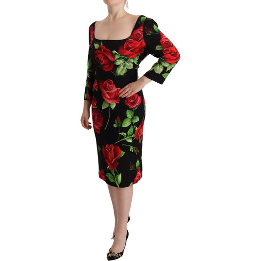 Dolce & Gabbana Black Red Roses Sheath Stretch Silk Dress DR28666- 36
