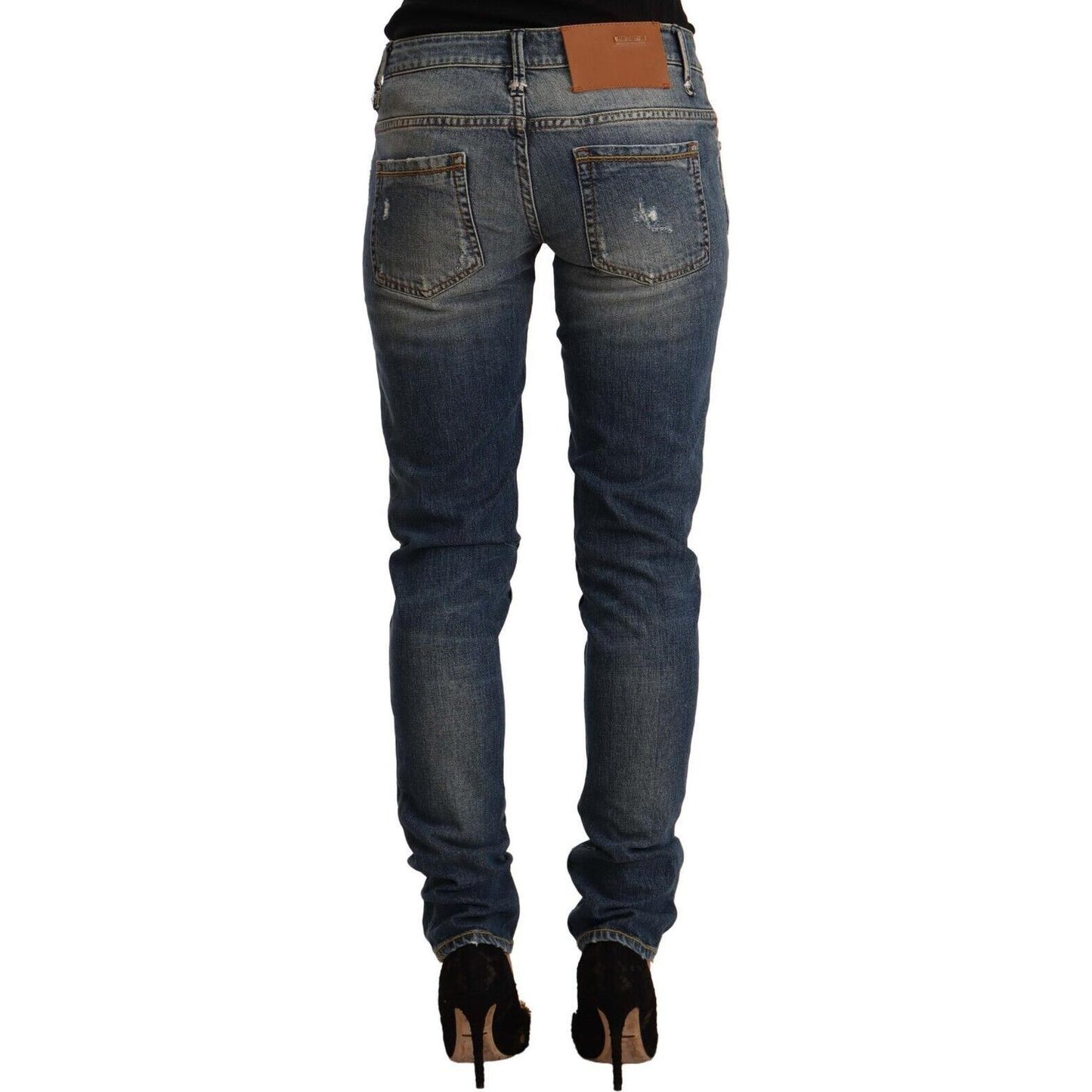 Acht Blue Washed Cotton Mid Waist Skinny Denim Jeans
