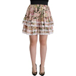 Dolce & Gabbana Pink Lily Print Silk Mini Tiered A-line Skirt