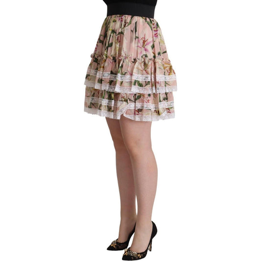 Dolce & Gabbana Elegant Lily Print Tiered A-Line Mini Skirt Dolce & Gabbana Rosy Brown