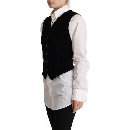 Dolce & Gabbana Black V-neck Leopard Corduroy Button Vest Top