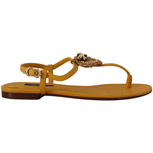 Dolce & Gabbana Mustard T-Strap Flat Sandals with Heart Embellishment Dolce & Gabbana Sienna