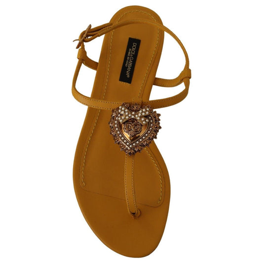 Dolce & Gabbana Mustard T-Strap Flat Sandals with Heart Embellishment Dolce & Gabbana Saddle Brown