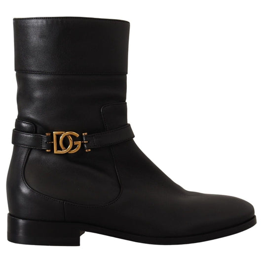 Dolce & Gabbana Black Leather Flats Logo Short Boots Shoes
