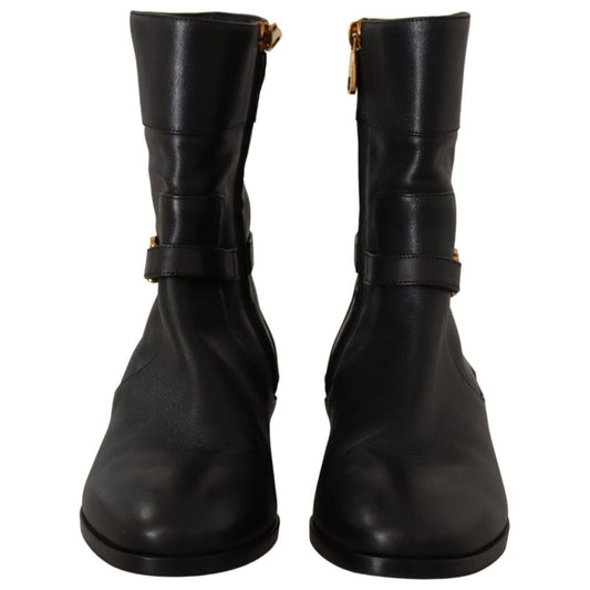 Dolce & Gabbana Black Leather Flats Logo Short Boots Shoes