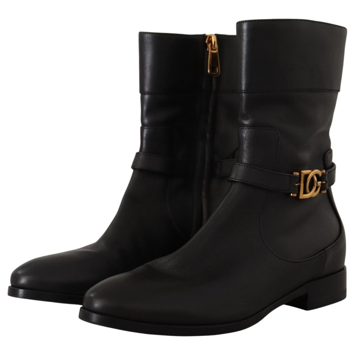 Dolce & Gabbana Black Leather Flats Logo Short Boots Shoes