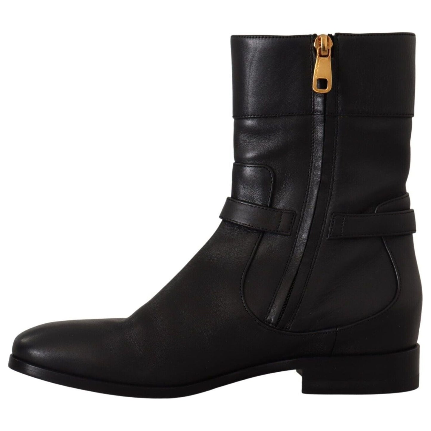 Dolce & Gabbana Black Leather Flats Logo Short Boots Shoes