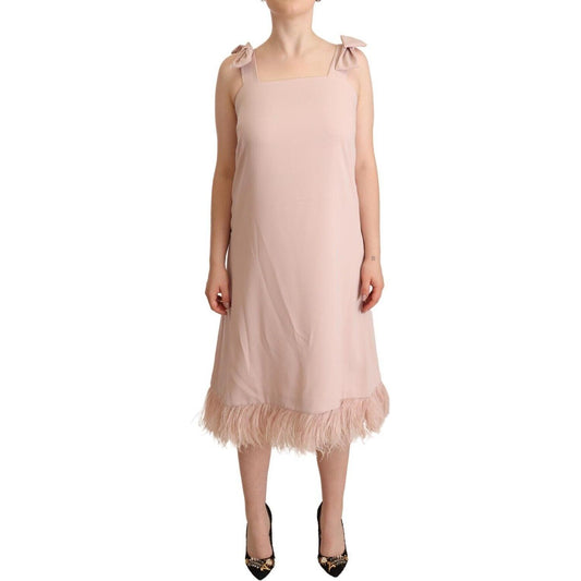 P.A.R.O.S.H. Chic Sleeveless Midi Dress with Feather Trim P.A.R.O.S.H. Tan