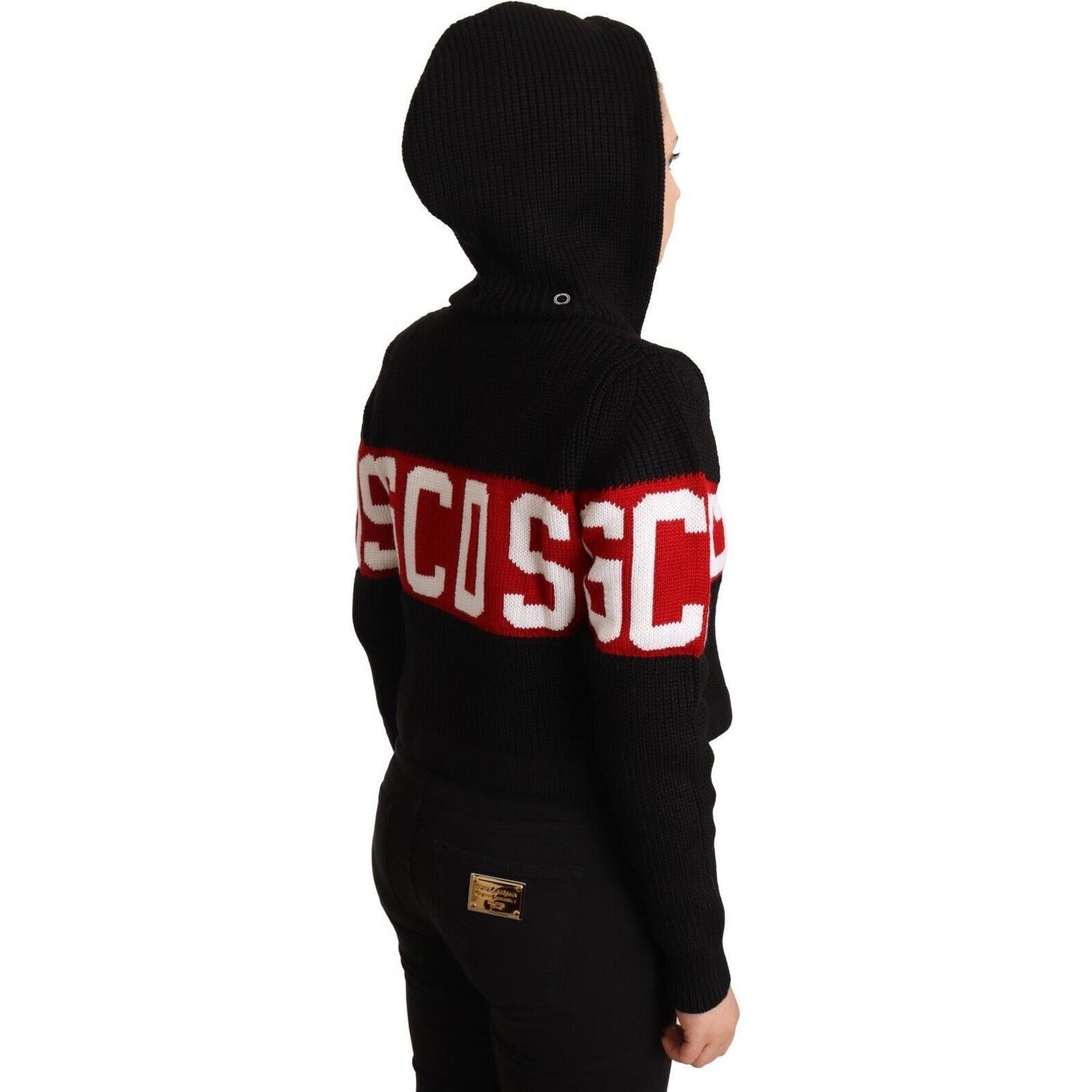 GCDS Black Cashmere Hooded Button Down Logo Cardigan Jacket