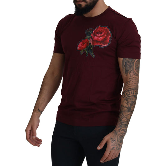 Dolce & Gabbana Elegant Bordeaux Roses Motif Crewneck Tee Dolce & Gabbana Black