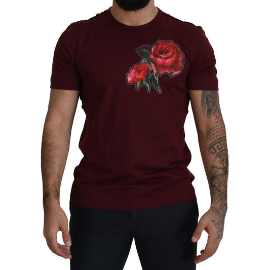 Dolce & Gabbana Elegant Bordeaux Roses Motif Crewneck Tee Dolce & Gabbana Black