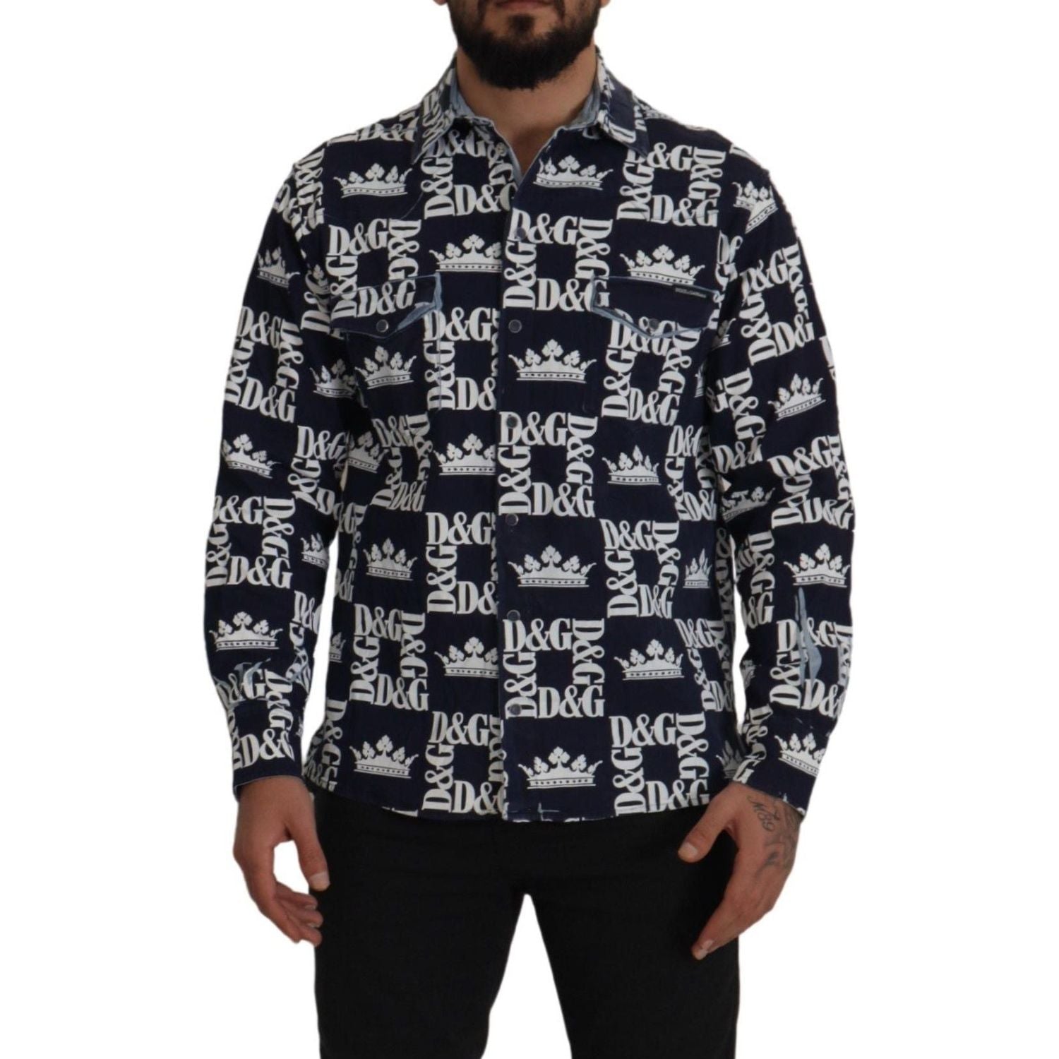 Dolce & Gabbana Blue Denim Stretch DG Crown Logo Casual Shirt