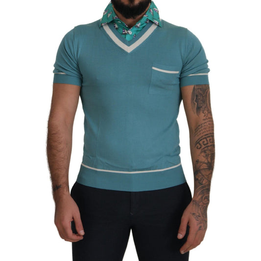 Dolce & Gabbana Elegant Silk Polo Tee with Boat Collar Print Dolce & Gabbana Dim Gray