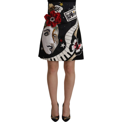Dolce & Gabbana Black Love Clock Sequined Piano Skirt