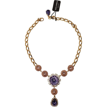 Dolce & Gabbana Gold Brass Crystal Purple Pink Pearl Pendants Necklace