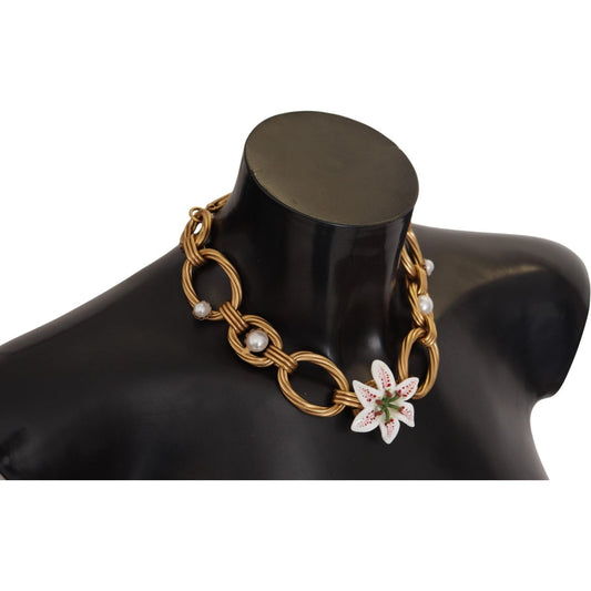 Dolce & Gabbana Elegant Gold Lilly Flower Pendant Necklace Necklace Dolce & Gabbana Dark Slate Gray