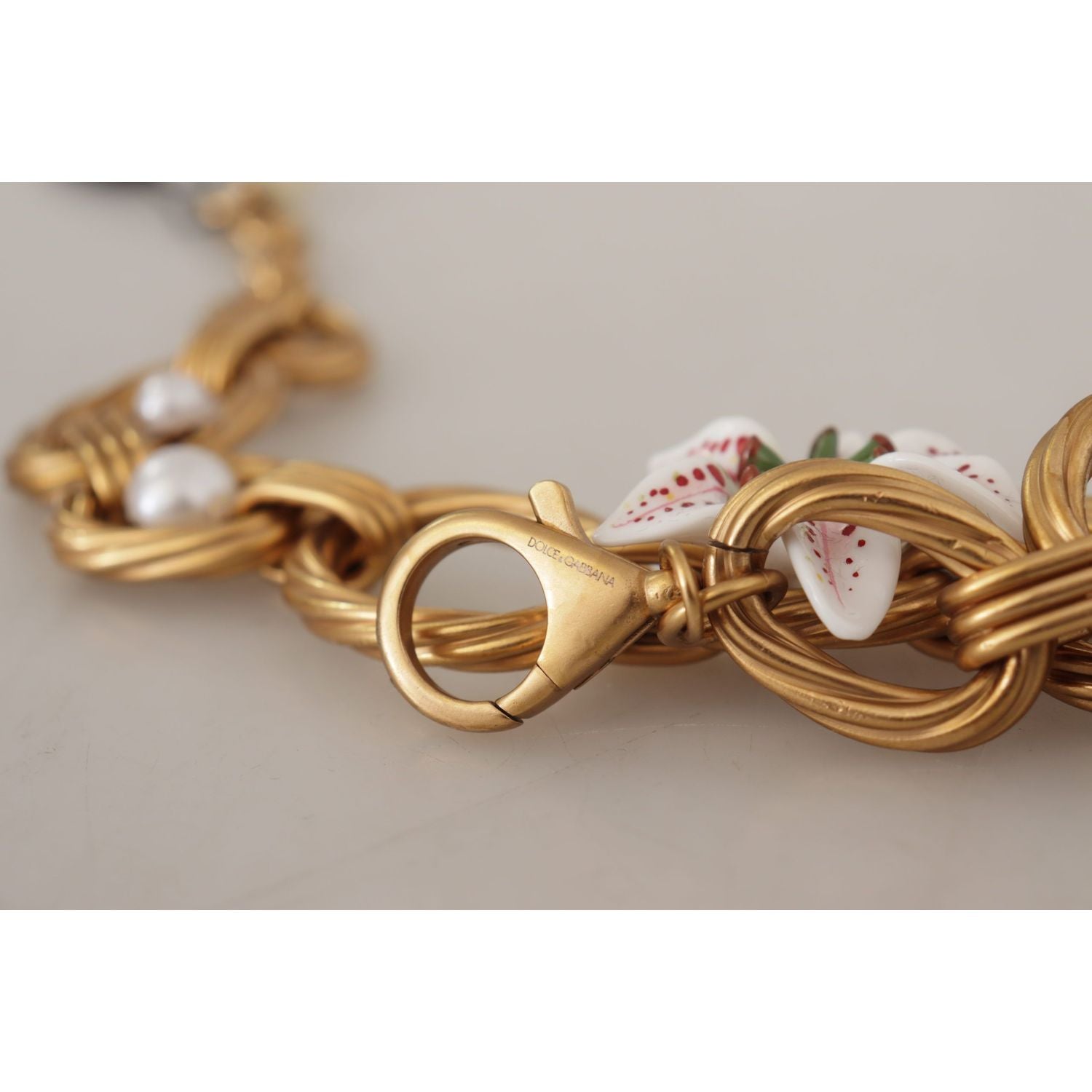 Dolce & Gabbana Gold White Lily Floral Chain Statement Necklace