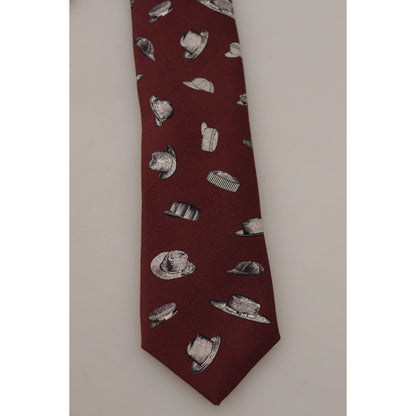 Dolce & Gabbana Maroon Hat Pattern 100% Silk Adjustable Accessory Tie