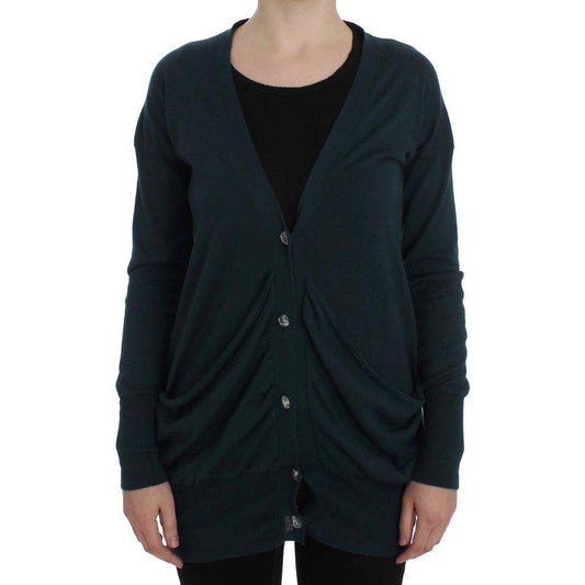 PINK MEMORIES Elegant Green Cotton Cardigan Sweater PINK MEMORIES Black