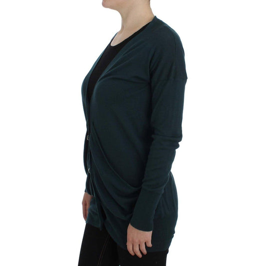 PINK MEMORIES Elegant Green Cotton Cardigan Sweater PINK MEMORIES Black