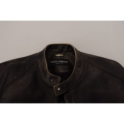 Dolce & Gabbana Black Leather Zipper Biker Coat Jacket 1728,67345645728,Biker Jackets - Jackets & Coats - Clothing,Black,Clothing,Dolce & Gabbana,IT54 | XXL,Jackets & Coats - Clothing,Jackets - Men - Clothing,Leather Jackets - Jackets & Coats - Clothing,M