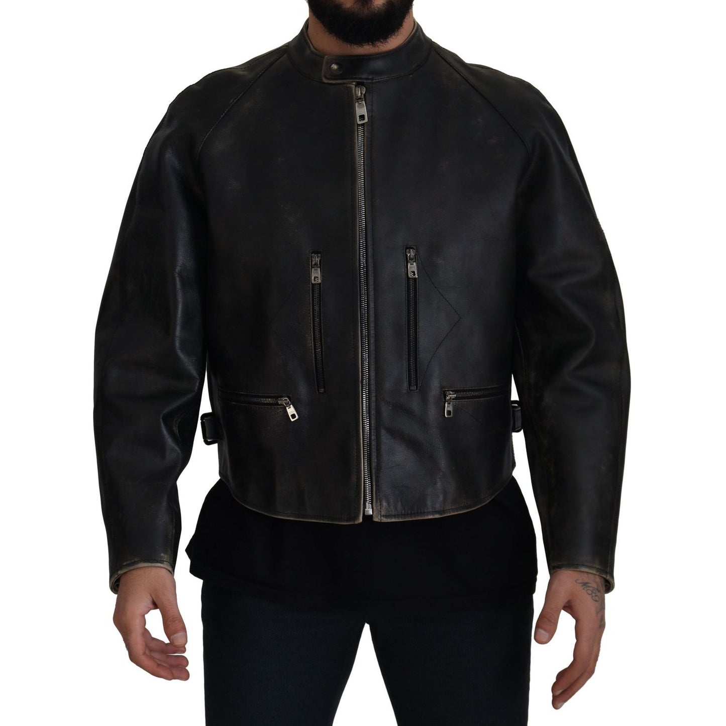 Dolce & Gabbana Black Leather Zipper Biker Coat Jacket 1728,67345645728,Biker Jackets - Jackets & Coats - Clothing,Black,Clothing,Dolce & Gabbana,IT54 | XXL,Jackets & Coats - Clothing,Jackets - Men - Clothing,Leather Jackets - Jackets & Coats - Clothing,M