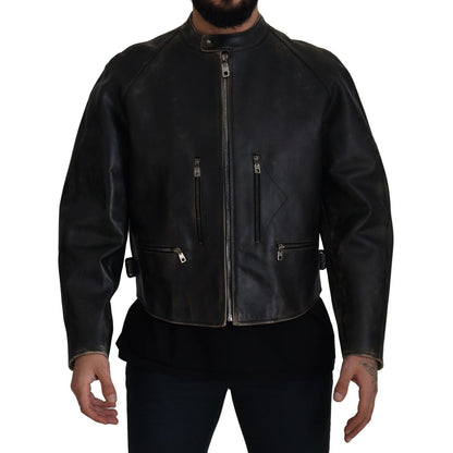 Dolce & Gabbana Black Leather Zipper Biker Coat Jacket 1728,67345645728,Biker Jackets - Jackets & Coats - Clothing,Black,Clothing,Dolce & Gabbana,IT54 | XXL,Jackets & Coats - Clothing,Jackets - Men - Clothing,Leather Jackets - Jackets & Coats - Clothing,M