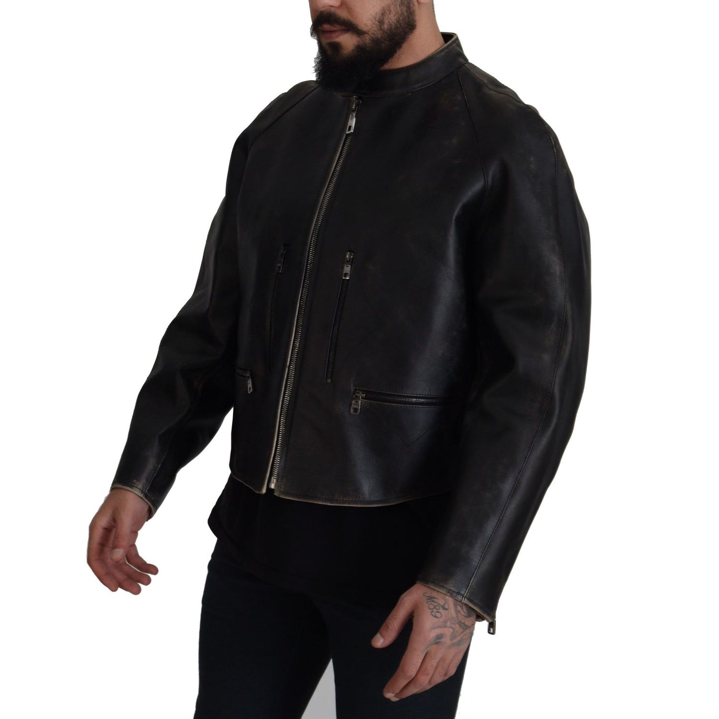 Dolce & Gabbana Black Leather Zipper Biker Coat Jacket 1728,67345645728,Biker Jackets - Jackets & Coats - Clothing,Black,Clothing,Dolce & Gabbana,IT54 | XXL,Jackets & Coats - Clothing,Jackets - Men - Clothing,Leather Jackets - Jackets & Coats - Clothing,M