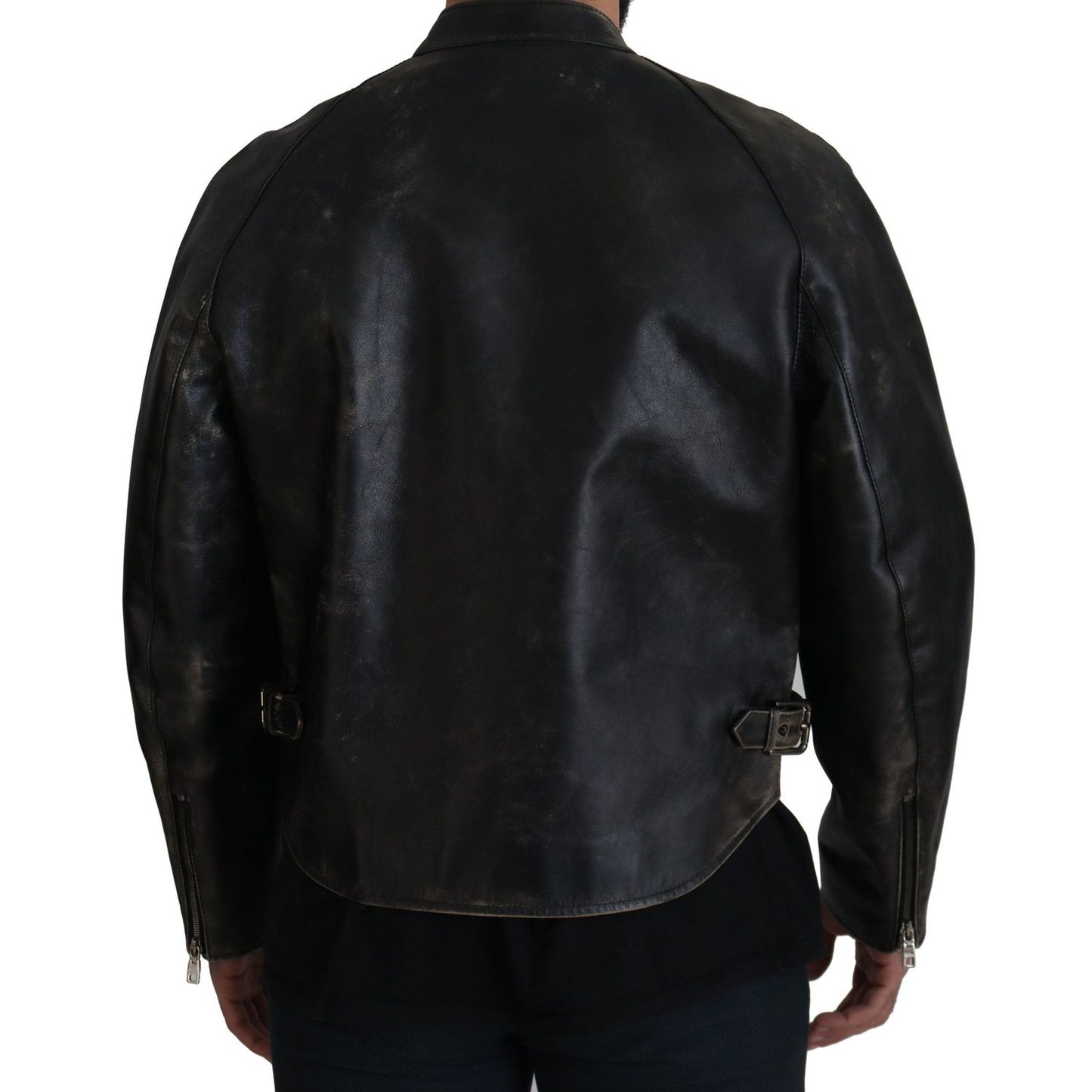 Dolce & Gabbana Black Leather Zipper Biker Coat Jacket 1728,67345645728,Biker Jackets - Jackets & Coats - Clothing,Black,Clothing,Dolce & Gabbana,IT54 | XXL,Jackets & Coats - Clothing,Jackets - Men - Clothing,Leather Jackets - Jackets & Coats - Clothing,M