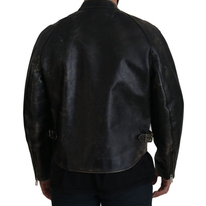 Dolce & Gabbana Black Leather Zipper Biker Coat Jacket 1728,67345645728,Biker Jackets - Jackets & Coats - Clothing,Black,Clothing,Dolce & Gabbana,IT54 | XXL,Jackets & Coats - Clothing,Jackets - Men - Clothing,Leather Jackets - Jackets & Coats - Clothing,M