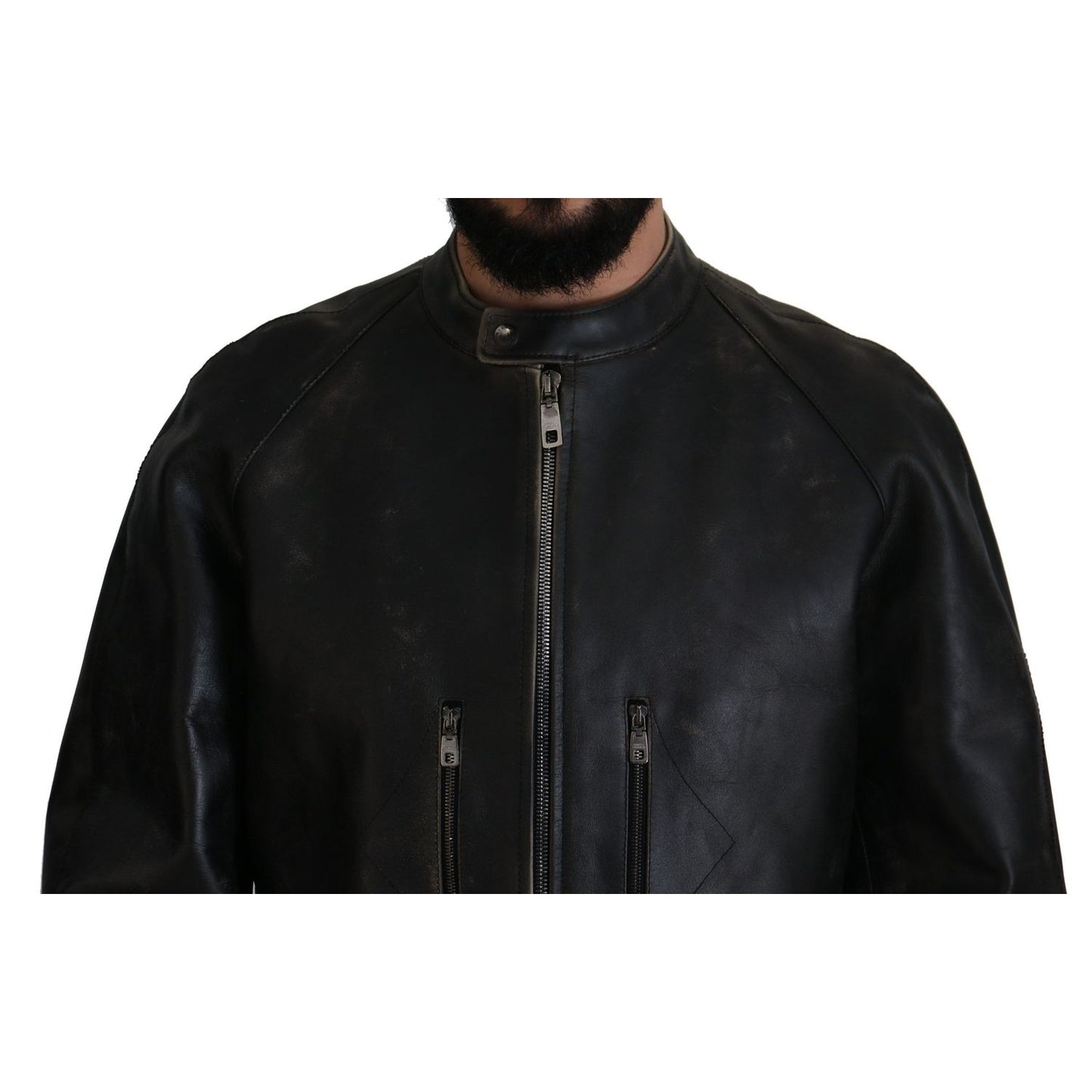Dolce & Gabbana Black Leather Zipper Biker Coat Jacket 1728,67345645728,Biker Jackets - Jackets & Coats - Clothing,Black,Clothing,Dolce & Gabbana,IT54 | XXL,Jackets & Coats - Clothing,Jackets - Men - Clothing,Leather Jackets - Jackets & Coats - Clothing,M