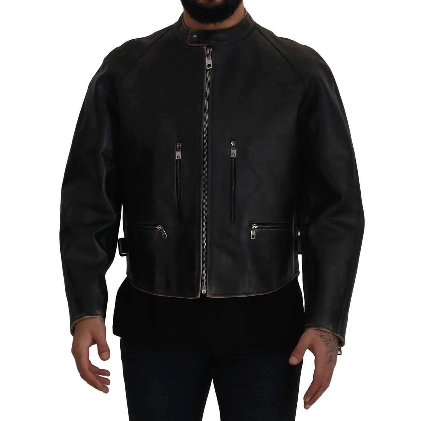 Dolce & Gabbana Black Leather Zipper Biker Coat Jacket 1728,67345645728,Biker Jackets - Jackets & Coats - Clothing,Black,Clothing,Dolce & Gabbana,IT54 | XXL,Jackets & Coats - Clothing,Jackets - Men - Clothing,Leather Jackets - Jackets & Coats - Clothing,M