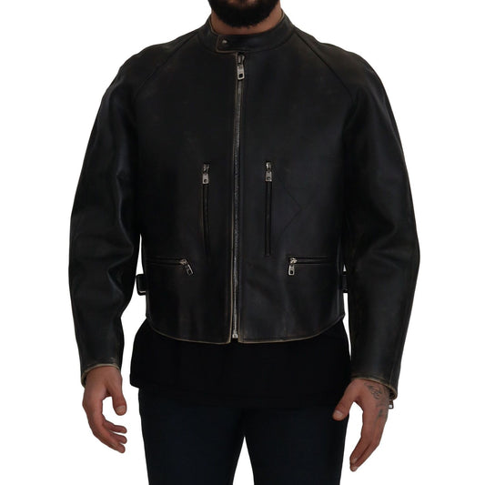 Dolce & Gabbana Black Leather Zipper Biker Coat Jacket 1728,67345645728,Biker Jackets - Jackets & Coats - Clothing,Black,Clothing,Dolce & Gabbana,IT54 | XXL,Jackets & Coats - Clothing,Jackets - Men - Clothing,Leather Jackets - Jackets & Coats - Clothing,M