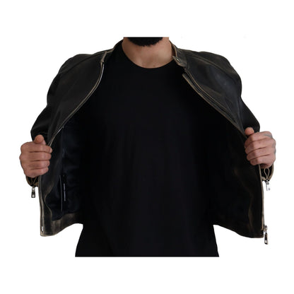 Dolce & Gabbana Black Leather Zipper Biker Coat Jacket 1728,67345645728,Biker Jackets - Jackets & Coats - Clothing,Black,Clothing,Dolce & Gabbana,IT54 | XXL,Jackets & Coats - Clothing,Jackets - Men - Clothing,Leather Jackets - Jackets & Coats - Clothing,M