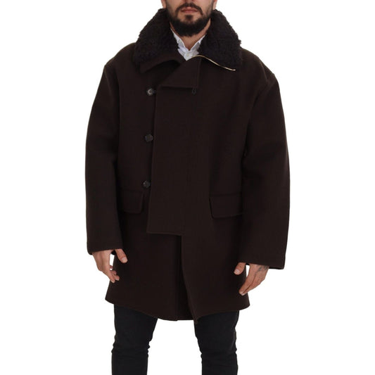 Dolce & Gabbana Elegant Dark Brown Shearling Coat Jacket Dolce & Gabbana Black
