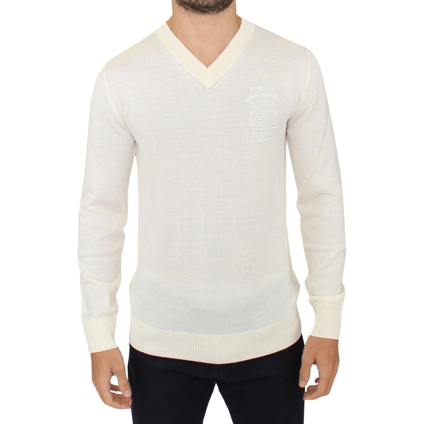Ermanno Scervino Off White Wool Blend V-neck Pullover Sweater