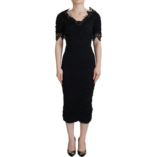 Dolce & Gabbana Black Sheath Midi Bodycon Lace Silk Dress DR28811- 36