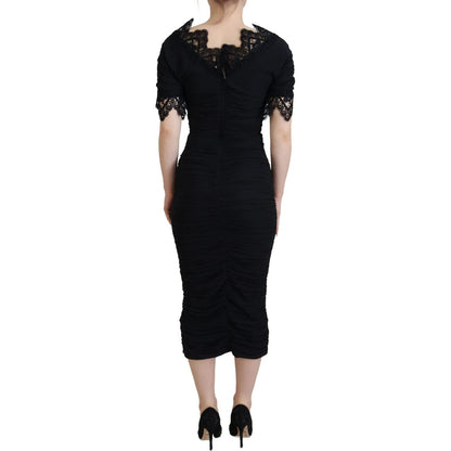 Dolce & Gabbana Black Sheath Midi Bodycon Lace Silk Dress