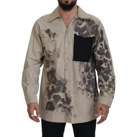 Dolce & Gabbana Beige Cotton Button-Down Casual Shirt Dolce & Gabbana Dim Gray