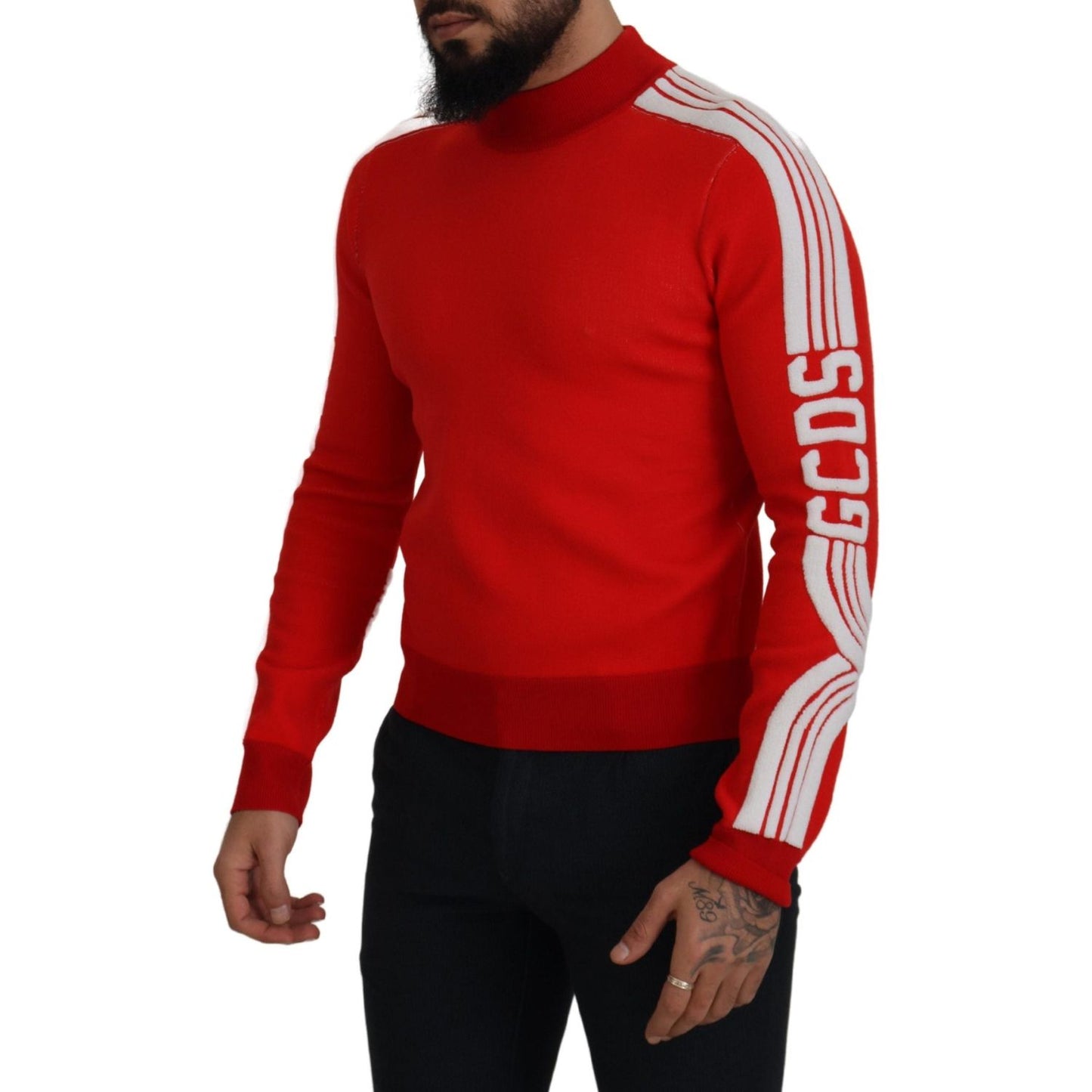 GCDS Red Wool Logo Printed Crew Neck Men Pullover Sweater