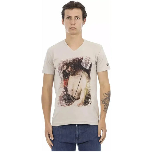 Trussardi Action Beige Cotton Men V-Neck T-Shirt Trussardi Action Gray