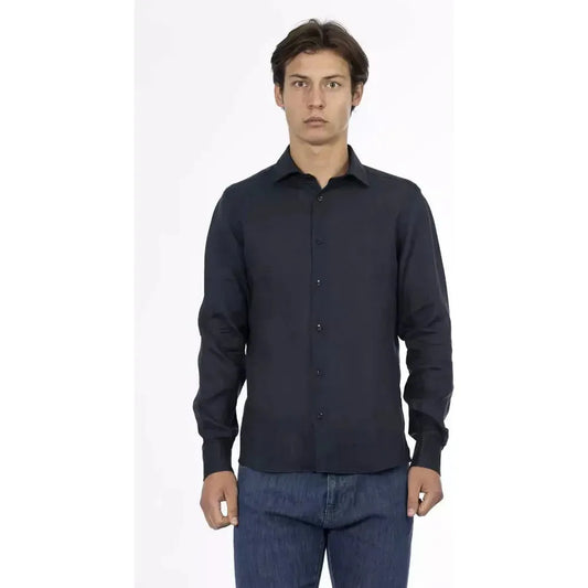 Baldinini Trend Blue Linen Men Shirt Baldinini Trend Dark Slate Gray
