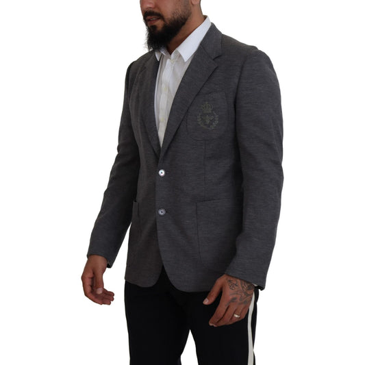 Dolce & Gabbana Elegant Gray Wool Blazer with Bee Crown Embroidery Dolce & Gabbana Dark Slate Gray