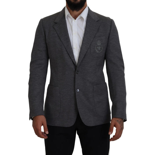 Dolce & Gabbana Elegant Gray Wool Blazer with Bee Crown Embroidery Dolce & Gabbana Dark Slate Gray