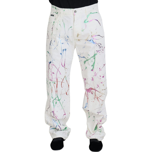 Dolce & Gabbana Chic White Splash Print Denim Pants Dolce & Gabbana Light Gray